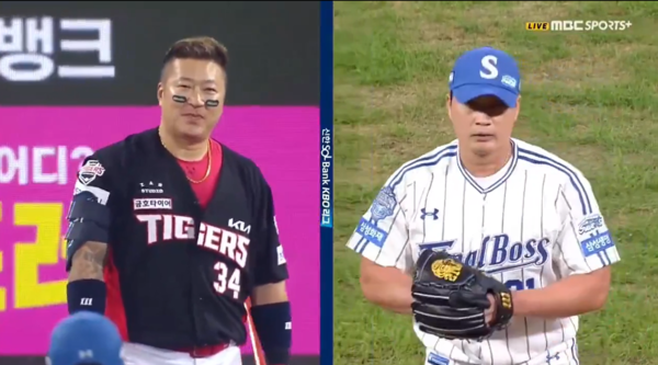 최형우(왼쪽), 오승환. ⓒMBC스포츠 플러스 중계화면 캡처