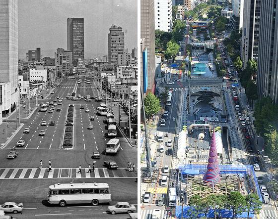 1970년대 서울 종로구 청계천로는 청계천 위로 폭 34~36m의 넓은 도로가 만들어져 있었다(왼쪽 사진). 10월 1일은 청계천 복원 20주년이다. 도시계획 중심이 자동차에서 보행자·자연으로 전환됐다는 평가다. [사진 서울역사박물관], 김종호 기자