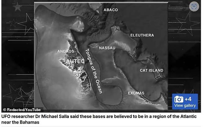 [서울=뉴시스] 외계 현상 연구자이자 저자인 마이클 살라 박사는 지난 19일 UFO 및 정부 기밀 관련 내용을 다루는 팟캐스트 리댁티드(Redacted) 에 출연해 바하마 인근에는 ‘텅 오브 더 오션(Tongue of the Ocean)’이라 불리는 깊은 해역에서 UFO와 수중 비행체가 나오는 것이 목격됐다고 밝혔다.(사진출처: 데일리메일 캡처)2025.09.29.