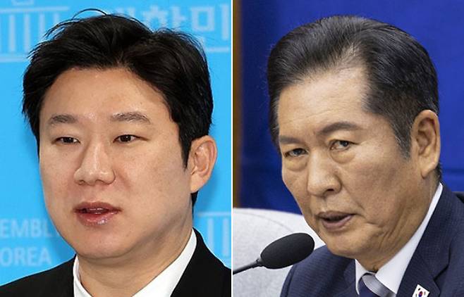 진종오 국민의힘 의원(왼쪽)과 정청래 더불어민주당 당대표. 연합뉴스