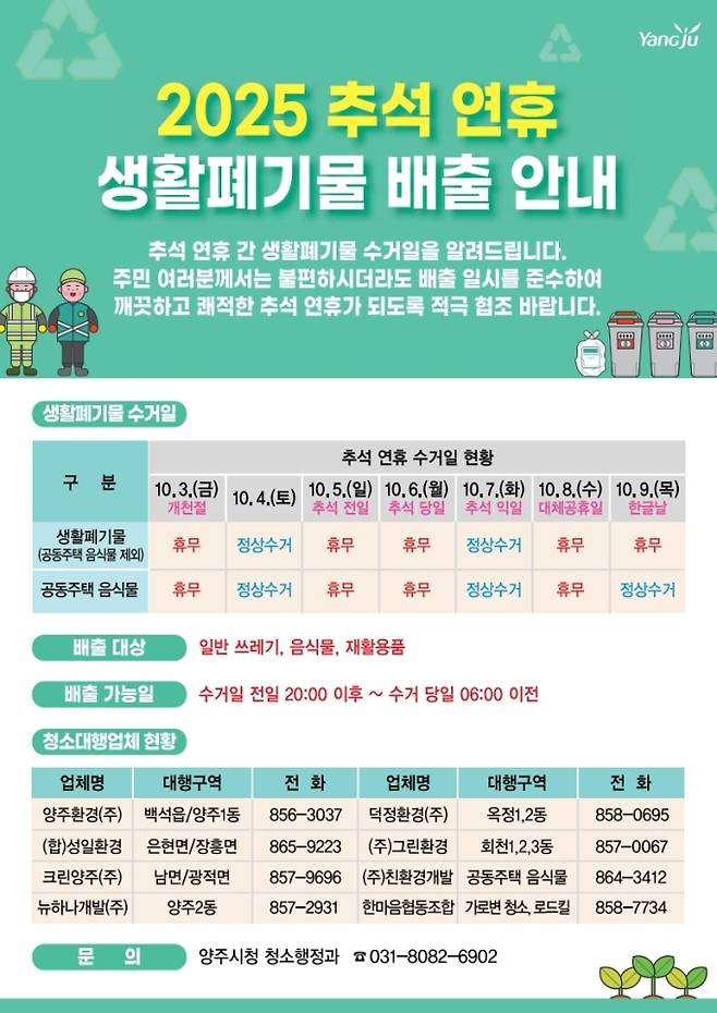 양주시는 2025년 추석 명절기간 동안 생활폐기물 관리 대책을 추진한다고 밝혔다. 생활폐기물 배출 안내 포스터 ⓒ양주시 제공