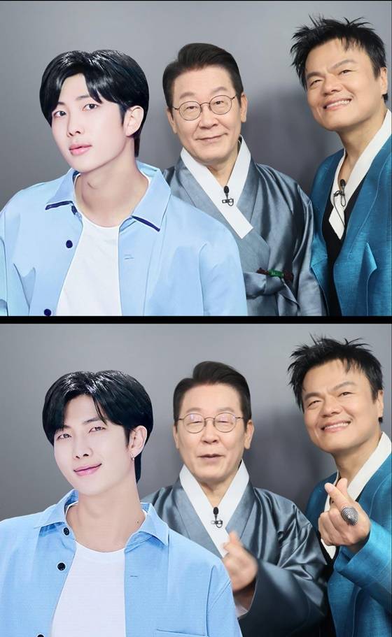이재명 대통령과 박진영 JYP엔터테인먼트 대표 프로듀서가 BTS RM 프레임에서 네컷 사진을 함께 찍었다. [사진=이재명 대통령 공식 SNS]
