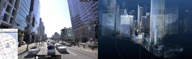 NVS에 활용된 네이버 3D 거리뷰 데이터(좌) NVS로 복원된 3D 공간(우)