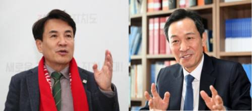 내년 지방선거에서 국민의힘 도지사 후보로 유력한 김진태 강원도지사(왼쪽)와 더불어민주당 후보 1순위로 거론되는 우상호 대통령실 정무수석.