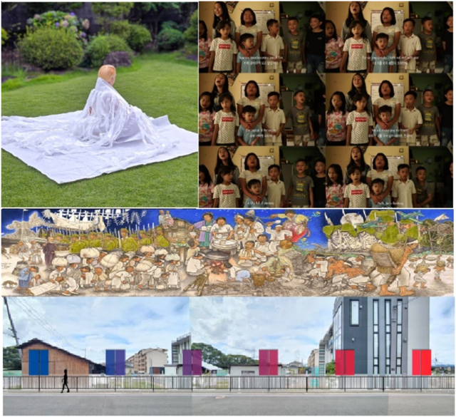 (윗 왼쪽부터 시계방향) 하전남 작가의 「풀다 그러나 숨 쉴 뿐」, 이끼바위쿠르르의 「헬로 헬로 반둥」, 생명평화미술행동의 「피어라! 민들레」, 오키도 미오 작가의 「중개자 Inbetween」(우토로 아트 페스티벌 실행위원회 제공)