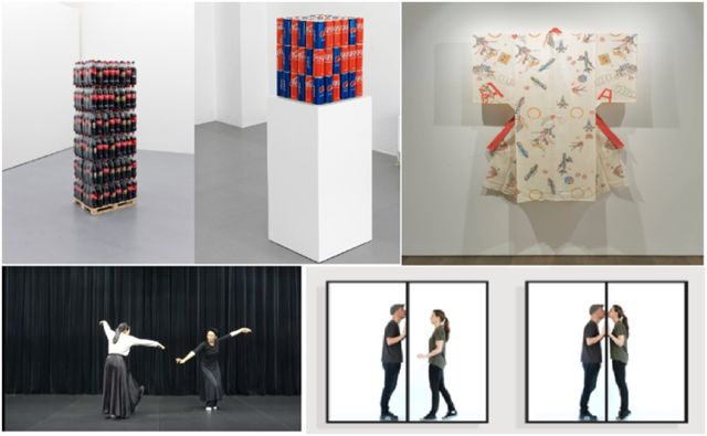 (윗 왼쪽부터) 린다 하벤슈타인 「푸른 꽃이 피는 풍경(좌) / 플라시보효과(우)」, 테루야 유켄 「주홍새, 붉은 하늘」, 니카 오블락과 프로모즈 노박 「키스 The Kiss」, 임지애 (KR/DE) 「기본무」(우토로 아트 페스티벌 실행위원회 제공)