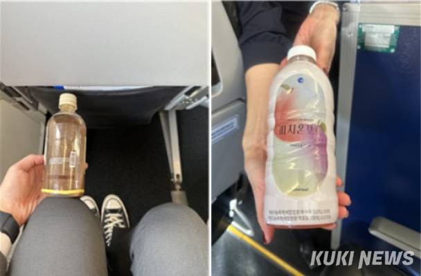 180cm의 성인이 탑승했을 때 앞좌석 등받이와 무릎 사이에 500ml의 병 커피를 넣을 수 있을 정도로 간격이 넉넉했다(사진 왼쪽). 파라타항공이 자체 개발한 음료인 ‘피치 온 보드(peach on board)’.
