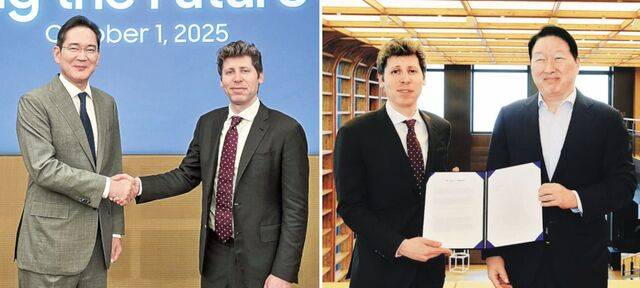 이재용 삼성전자 회장이 1일 서울 서초구 삼성전자 사옥에서 열린 ‘글로벌 AI 핵심 인프라 구축을 위한 상호협력 의향서(LOI) 체결식’에서 샘 올트먼 오픈AI 최고경영자(CEO)와 악수하고 있다(왼쪽 사진). 최태원 SK그룹 회장과 올트먼 CEO가 이날 서울 종로구 SK 서린빌딩에서 SK하이닉스와 오픈AI 간 메모리 공급 LOI를 체결한 뒤 기념촬영을 하고 있다. 삼성·SK는 오픈AI가 주도하는 AI 인프라 건설 스타게이트 프로젝트의 핵심 파트너로 합류했다. 삼성전자·SK그룹 제공