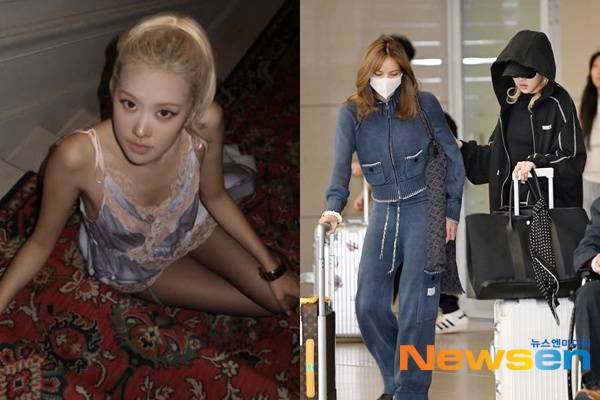 왼쪽부터 2026 파리 패션 위크 생 로랑 2026 S/S 여성복 컬렉션에 참석한 로제, 파리에서의 일정을 마치고 입국하는 리사와 로제/로제 소셜 계정 캡처, 뉴스엔DB