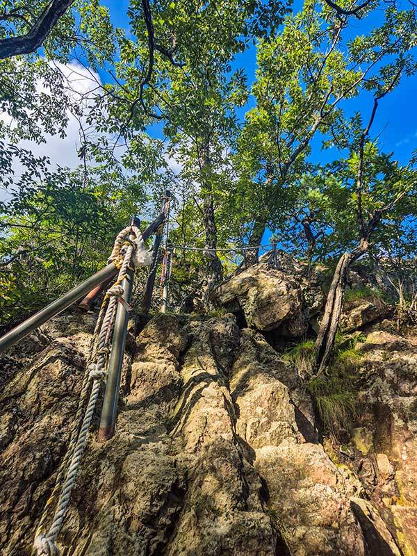 구봉산 8봉 입구. 본격적인 암릉 구간 시작 지점이다. 8봉부터 1봉까지 암봉을 오르내려야 하지만 계단이나 난간이 잘 설치되어 있어 위험하거나 힘이 많이 드는 구간은 거의 없다.