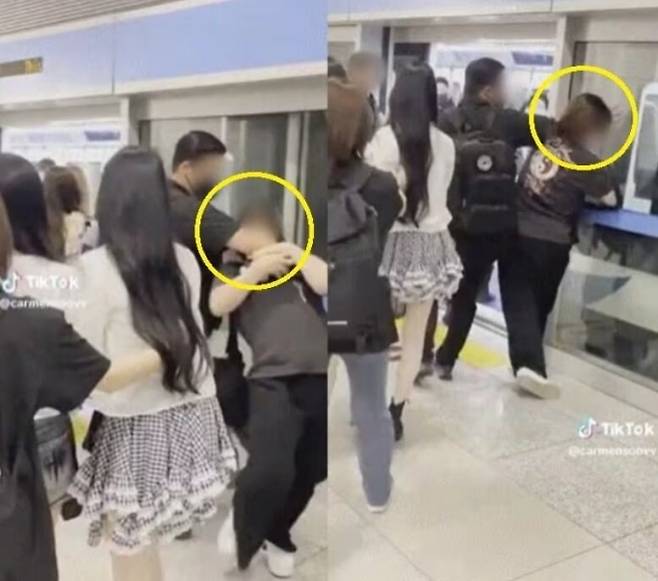 지난 8일 인천국제공항 탑승동으로 향하는 셔틀트레인 앞에서 걸그룹 ‘하츠투하츠’의 경호원이 한 20대 여성의 목덜미를 잡아 가로막고 있다. 자료 : 틱톡