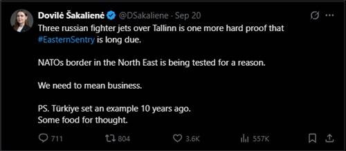 도빌레 샤칼리에네 리투아니아 국방장관 X 게시물 (서울=연합뉴스) 도빌레 샤칼리에네 리투아니아 국방장관이 지난달 19일에 소셜 미디어 X 게시물. 샤칼리에네 장관은 나토 북동부 국경을 "시험"하는 러시아의 영공 침범에 나토가 보다 강하게 대응해야 한다며 튀르키예가 "10년 전에 모범을 보였다. 생각할만한 거리다"라고 썼다. [샤칼리에네 리투아니아 국방장관 X 게시물 캡처. DB 및 재판매 금지]