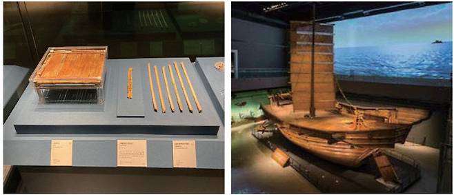 국립태안해양유물전시관에 전시된 마도1호선 재현선박과 죽간. &nbsp;(사진=국립해양유산연구소 보고서)