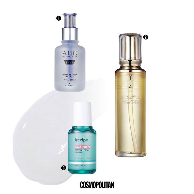 1 보습과 영양을 한 번에 최대 20겹의 분자 구조로 구성된 5D 히아 필 테크놀로지가 피부 깊숙이 수분을 밀착시킨다. 여기에 순도 98%의 판테놀 성분이 손상된 피부 장벽을 탄탄하게 강화한다. 프로 샷 히알루로 딥 볼륨 5 인트라 세럼 4만5천원 AHC. 2 모닝 틈새 보습 케어를 위해 풍부한 아미노산을 함유한 포티파이트 아미노 퍼먼트 성분을 촉촉한 에센스 로션 타입에 담았다. 사용 후 안색이 환해지고 피부 결이 한결 매끄러워진다. 하이드로-소프트닝 에센스 로션 18만원 Clé de Peau Beauté. 3 붉은 기 아웃 순도 99%의 저분자량 비건 PDRN 성분이 착색과 손상, 꺼진 흔적을 집중적으로 케어해 피부에 생기가 차오르고 피부 톤이 밝아진다. 시카 PDRN 클리어 세럼 3만2천원 Irecipe.