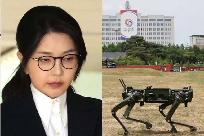 김건희 여사가 지난 8월6일 서울 종로구 케이티(KT)광화문빌딩 웨스트에 마련된 민중기 특별검사팀에서 피의자 신분으로 조사를 받고 귀가하고 있다.(왼쪽) 2022년 6월 일반 국민에게 개방된 서울 용산공원에서 로봇개가 대통령 집무실 경호용으로 시험 운용되고 있다.(오른쪽) 연합뉴스