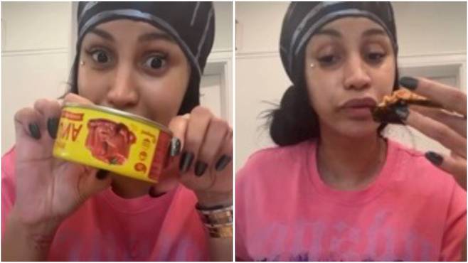 한국 고추참치 극찬하는 카디 비 [카디 비 인스타그램 라이브 캡처]