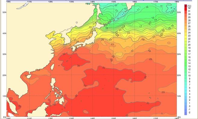 해수면온도가 높은 지역에서는 수증기 증발이 보다 원활하여 특히 대기 하층에 높은 습윤정지 에너지가 쌓이면서 불안정도가 커지게 된다.ⓒ기상청:우리나라 부근해상 온도 현황