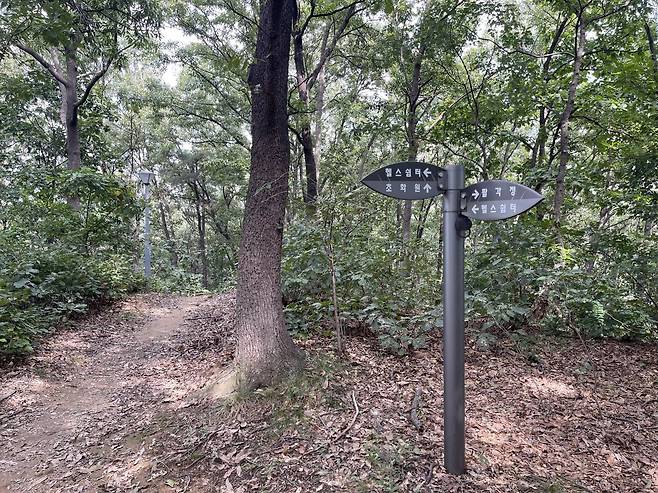 충남 아산시 배방읍 용곡공원 정상에 위치한 독립운동가 이관구 선생의 묘역 바로 위에 위치한 등산로에는 묘역 방향으로 화살 표시가 된 안내판이 있었는데, 엉뚱하게도 ‘헬스쉼터’라고 표시돼 있었다. 아산=이정훈 기자 jh89@donga.com
