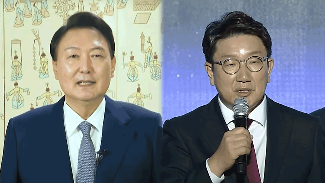 이날 행사에서 영상 축사를 하는 윤석열 전 대통령과, 직접 참석해 축사를 하는 권성동 전 국민의힘 원내대표의 모습. (중기부 유튜브 갈무리)