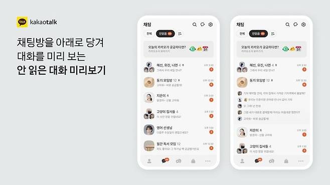 [서울=뉴시스] 카카오톡 '채팅' 탭 안 읽은 대화 미리보기 기능 (사진=카카오 제공) *재판매 및 DB 금지