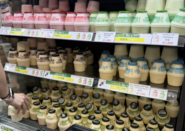 인천국제공항의 한 편의점 진열대를 가득 채운 바나나맛우유. 사진=임혜린 기자