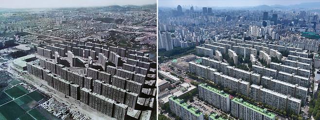 1979년 서울 강남구 은마아파트 준공을 기념해 찍은 항공 사진(왼쪽)과 2025년 같은 앵글로 찍은 은마아파트의 모습 / 조선일보 사진부