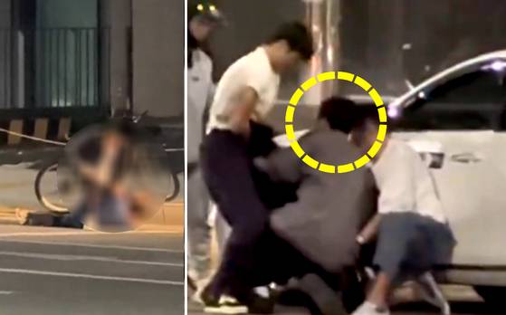 Left: A drunk man assaults a taxi driver on the streets. Right: Chinese singer Sun Heng Yu, a contestant of Mnet audition program Boys II Planet, and others are seen subduing the drunk man who assaulted the taxi driver in a video clip circulated on X. [SCREEN CAPTURE]