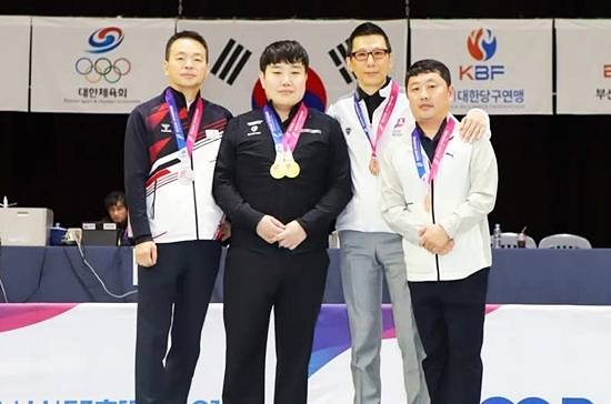 이대규가 제106회 전국체육대회 당구종목 잉글리시빌리어드 결승에서 백민후를 꺾고  금메달을 땄다. (왼쪽부터) 은메달 백민후, 금메달 이대규, 동메달 이근재 최경림. (사진=대한당구연맹)