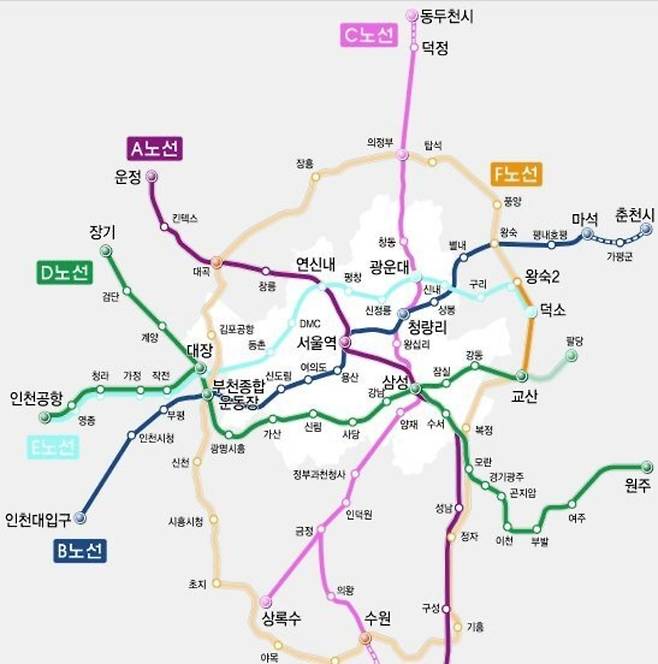 ▲ 수도권 광역급행철도(GTX-B·D·E) 노선도. /자료=인천시
