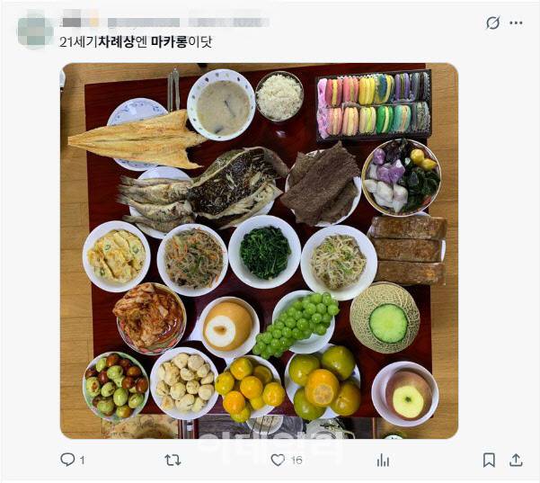 추석 차례상에 마카롱과 샤인머스캣, 멜론이 올라가 있는 모습(사진=X 캡처)