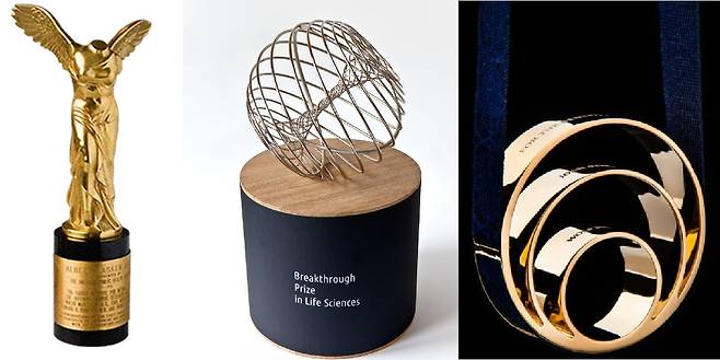 일각에서는 노벨상 시즌이 되기 전 어떤 학자가 노벨상을 받을 가능성이 높은지 점친다. 가장 유력한 후보들은 '노벨상 관문'이라 불리는 래스커상, 브레이크스추상, 울프상(왼쪽부터)을 이미 수여한 수상자다./각 재단