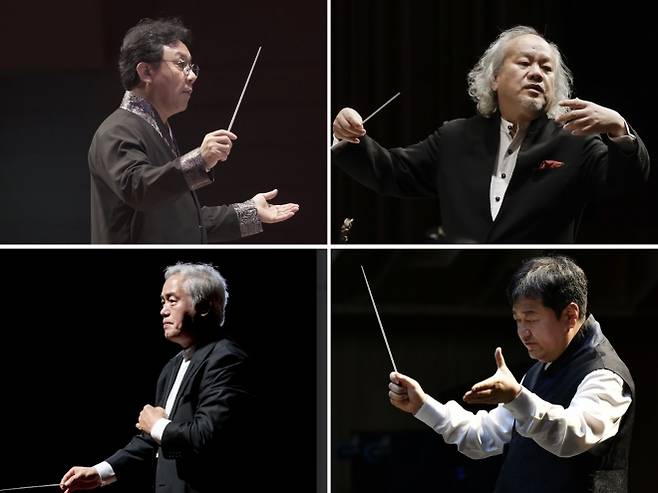 10월 15일부터 서울 세종문화회관 M씨어터에서 대한민국국악관현악축제가 열린다. 21일부터 차례로 무대에 오르는 김원선(왼쪽 위부터 시계 방향으로) 청주시립국악단 지휘자, 쉬쯔준 평택시립국악관현악단 지휘자, 이건석 진주시립국악관현악단 지휘자, 한상일 대구시립국악단 지휘자. 세종문화회관 제공