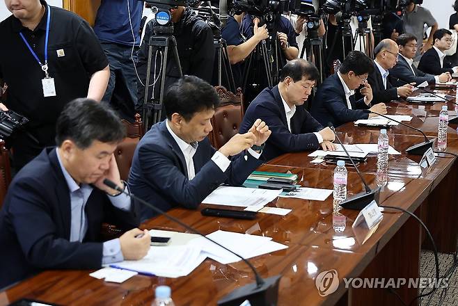 석유화학 사업재편 금융권 간담회 (서울=연합뉴스) 윤동진 기자 = 21일 서울 은행연합회에서 열린 석유화학 사업재편 금융권 간담회에 5대 시중은행, 국책은행 등 참석자들이 권대영 금융위원회 부위원장의 발언을 듣고 있다. 2025.8.21 mon@yna.co.kr