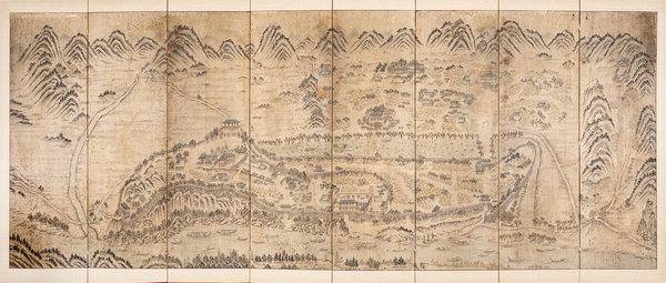 진주 남가람박물관에 전시된 19세기 진주성도 8쪽 병풍.