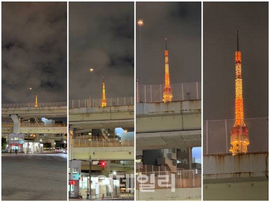 아이폰17 프로맥스 야간촬영 줌 비교. 좌측부터 1배, 2배, 4배, 8배 줌 촬영(사진=윤정훈 기자)