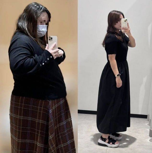 [서울=뉴시스]일본의 한 여성이 생활습관 개선 만으로 3년 동안 49㎏을 감량해 화제가 되고 있다. 사진은 살 빼기 전후의 모습. (사진출처: @non_110kg 스레드 캡처)2025.10.06.