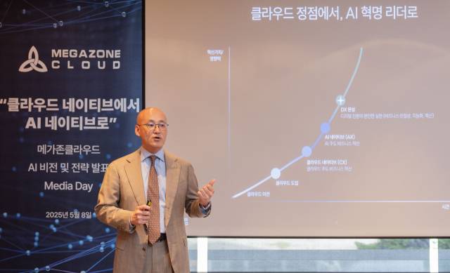 염동훈 메가존클라우드 대표가 지난 5월 8일 웨스틴조선 서울에서 열린 'AI 비전 및 전략 발표 미디어 데이'에서 회사의 AI 사업 전략에 대해 소개하고 있다. 사진 제공=메가존클라우드