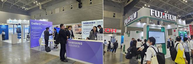 '바이오재팬 2025' 전시장. 왼쪽부터 중국 우시앱텍, 한국 삼성바이오로직스, 일본 후지필름 등 글로벌 CDMO 기업이 나란히 부스를 차렸다./요코하마(일본)=염현아 기자
