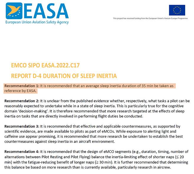 조종사의 ‘잠 깨는 시간’을 35분으로 설정해야 한다고 권고한 EASA의 관련 문서. 출처 EASA