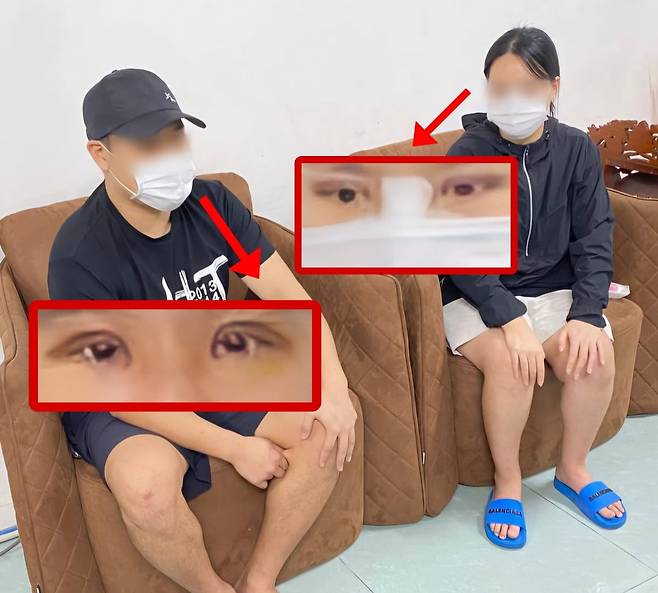지난 6월 포착된 강씨·안씨 부부의 모습. 두 명 다 쌍커풀 수술을 받아 눈가가 부어 있고, 아내 안씨는 코에 붕대를 감은 모습이다./사진=독자 제공