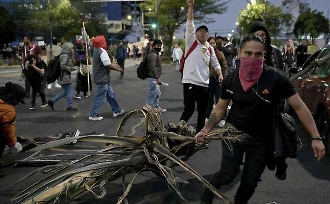 도로에 나뭇가지 가져다 놓는 에콰도르 시위대 [사진 = 연합뉴스]