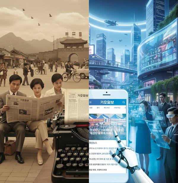 위 그림은 생성형 AI(Nano Banana)를 이용해 '신문의 과거와 미래'를 주제로 일러스트를 제작한 후 재가공했습니다.