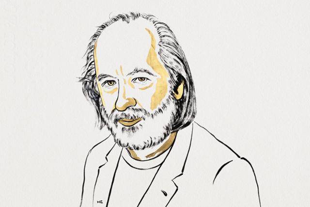 2025년 노벨문학상 수상자 크러스너호르커이 라슬로 캐리커처. 노벨상 홈페이지