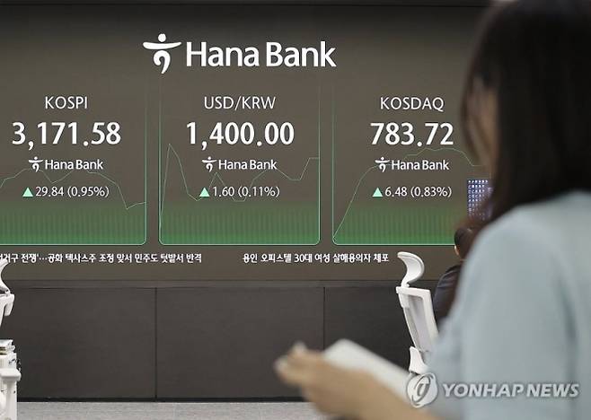 22일 서울 중구 하나은행 본점 딜링룸에서 직원들이 업무를 보고 있다. 이날 코스피는 전장보다 23.67포인트(0.75%) 오른 3165.41로, 원/달러 환율은 1.6원 오른 1400.0원으로 시작했다. 연합뉴스
