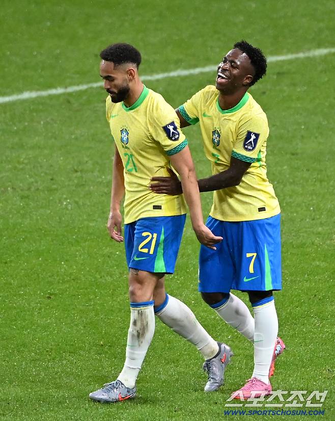 10일 서울월드컵경기장에서 열린 대한민국 축구대표팀과 브라질의 A매치 평가전, 비니시우스가 팀의 다섯번째 골을 터뜨리고 있다. 상암=허상욱 기자wook@sportschosun.com/2025.10.10/