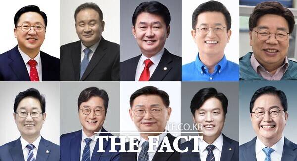 제9회 전국동시지방선거 대전시장 출마 후보군 모습. 왼쪽 상단부터 시계방향으로 이장우 대전시장, 이상민 국민의힘 대전시당위원장, 정용기 한국지역난방공사 사장, 허태정 전 대전시장, 권선택 전 대전시장, 장종태 국회의원, 조승래 국회의원, 김제선 중구청장, 장철민 국회의원, 박범계 국회의원 /정예준 기자
