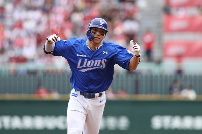 9일 준플레이오프 1차전에서 홈런을 쏘아 올린 삼성 김영웅. 삼성 제공