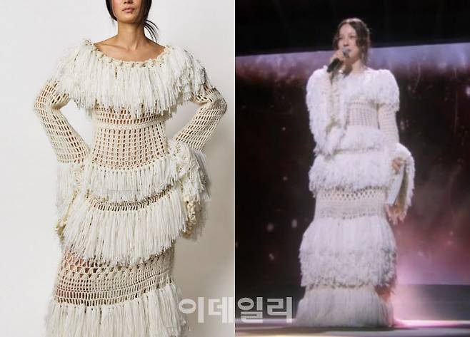 ‘줄라이컬럼 핸드크래프트 컬렉션 프린지 레이어드 FR 드레스’ 제품(왼쪽)과 이효리가 착용한 모습 (사진=브랜드 홈페이지·블로그 캡처)