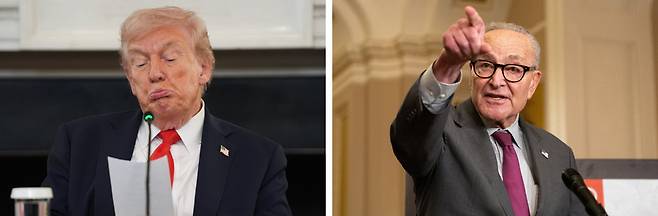 도널드 트럼프 미국 대통령이 8일(현지 시간) 워싱턴 백악관에서 회의 도중 메모를 읽으며 인상을 찌푸리고 있다. 그는 이날 연방정부 ‘셧다운’(일시 업무 정지)의 책임을 야당 민주당에 돌리며 “통제 불능”이라고 주장했다(왼쪽 사진). 반면 척 슈머 민주당 상원 원내대표는 “대통령과 집권 공화당은 (셧다운 해소를 위한) 진지한 협상에 나서라”라고 맞섰다. 워싱턴=AP 뉴시스