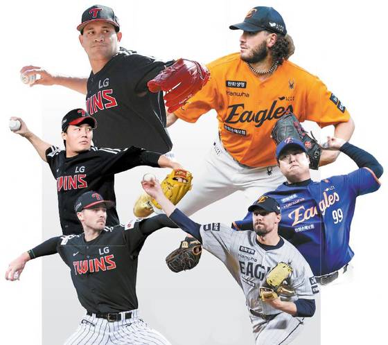 LG·한화의 한국시리즈가 열릴 경우 1~3선발 출전이 유력한 치리노스·폰세·류현진·와이스·톨허스트·임찬규.(왼쪽 위부터 시계방향) [중앙포토]